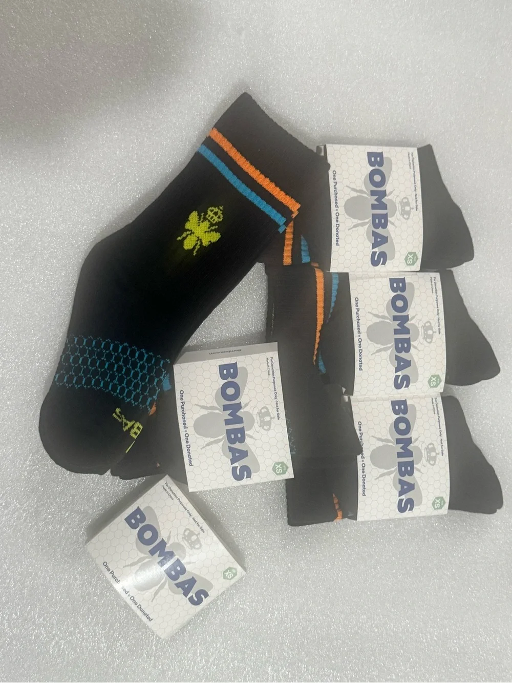 5 Pairs Bombas Kids Crew Athletic Socks - Black with Blue & Orange Stripes